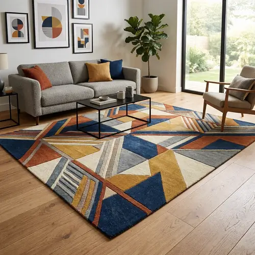 Abstract geometric rug with blue, orange, and mustard patterns in a sunlit modern living room with light oak flooring and a grey sofa.