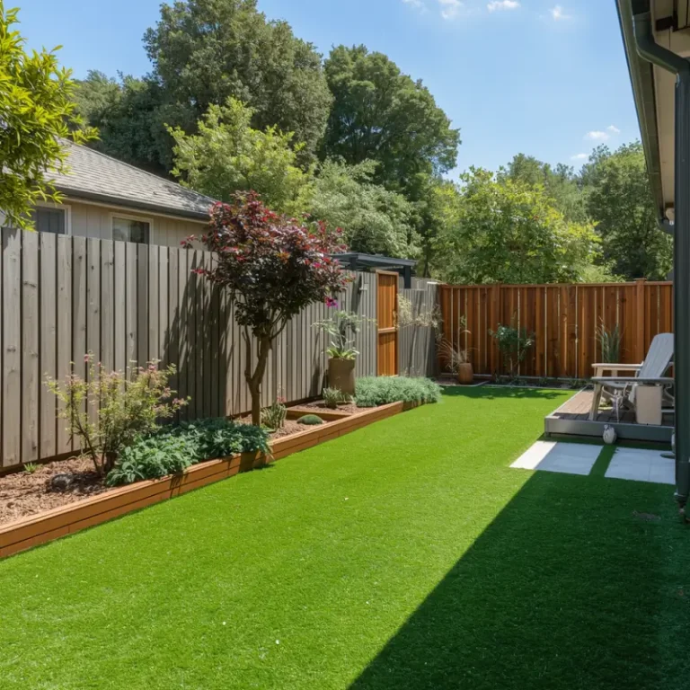 A backyard garden with bright green artificial grass carpet, wooden fencing, raised planter beds, small trees, and a cozy seating area on a sunny day.