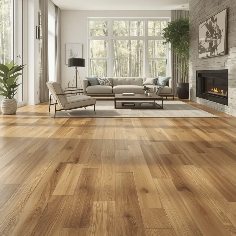 Bamboo Flooring Natural Light Modern Living Room Warm Brown Interior Sustainable Flooring UAE