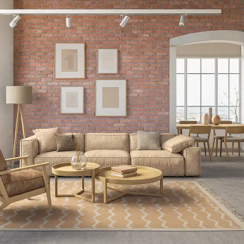 Beige geometric patterned area rug in living room