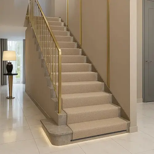 Beige stair carpet runner installed on modern staircase