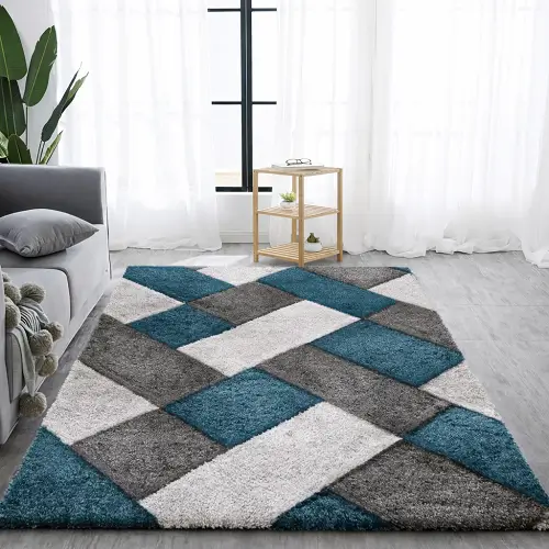 Blue Grey Modern Shaggy Rugs with Geometric Pattern in Living Room