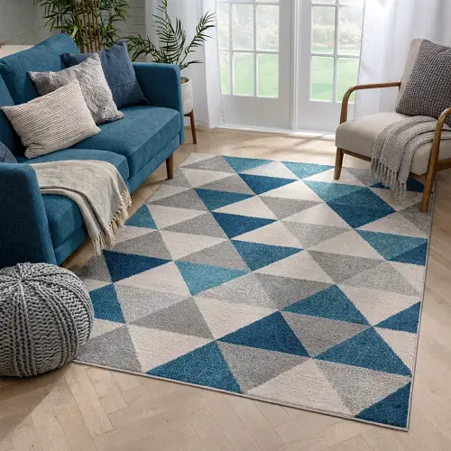 Blue and Grey Geometric Modern Rugs for Contemporary Living Room