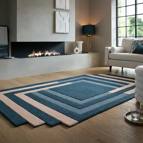 Blue and Grey Geometric Modern Wool Rugs on Wooden Floor Living Room