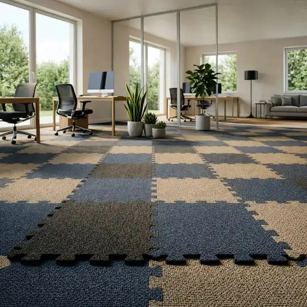 Blue and beige interlocking carpet tiles flooring in modern office workspace interior