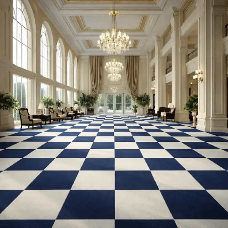 Blue and white checkered carpet tiles flooring in luxury hotel lobby interior