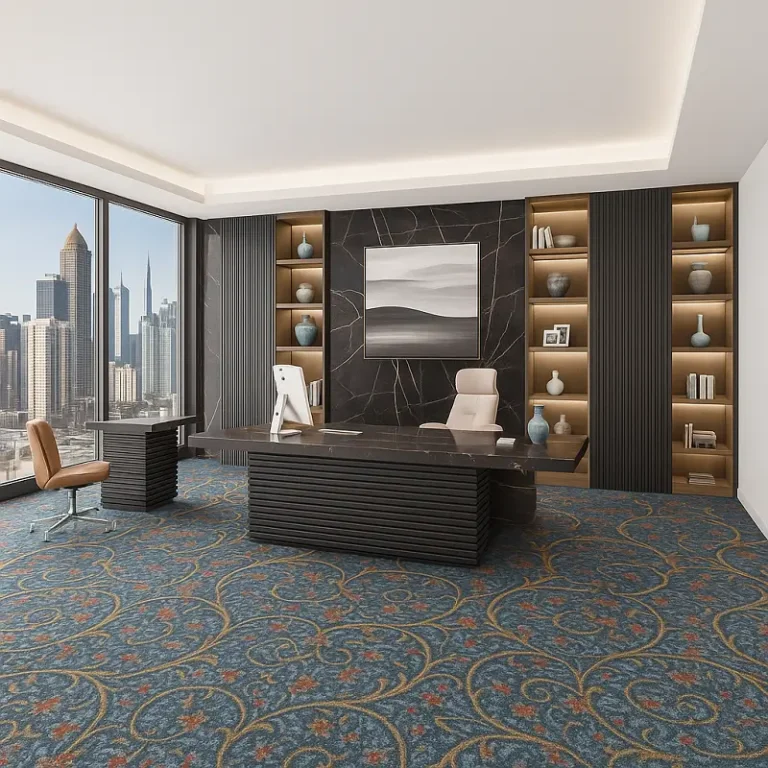 Blue and yellow commercial carpet in office