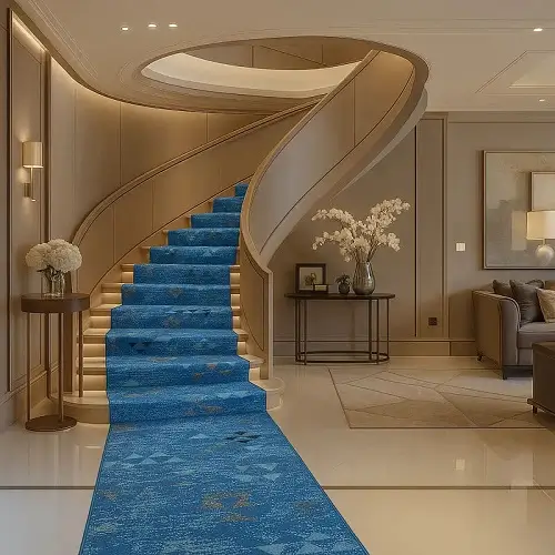 Blue patterned stair carpet runner on luxury curved staircase