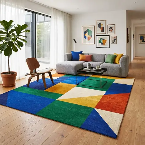 Bold Color Block Geometric Rugs with vibrant blue green yellow and orange design in modern living room