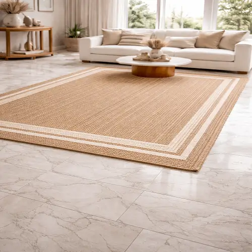 "Bright modern living room with a large braided jute carpet, white sofa, round coffee table, and marble flooring in soft neutral tones.