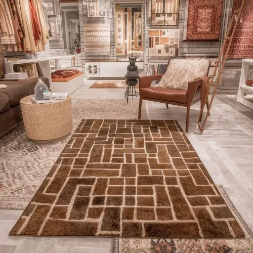 Brown & Cream Geometric Hand-Tufted Wool Rugs for Stylish Living Room Interiors