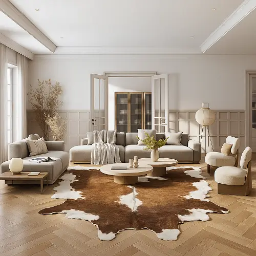 Brown and White Cowhide Rugs in livingroom