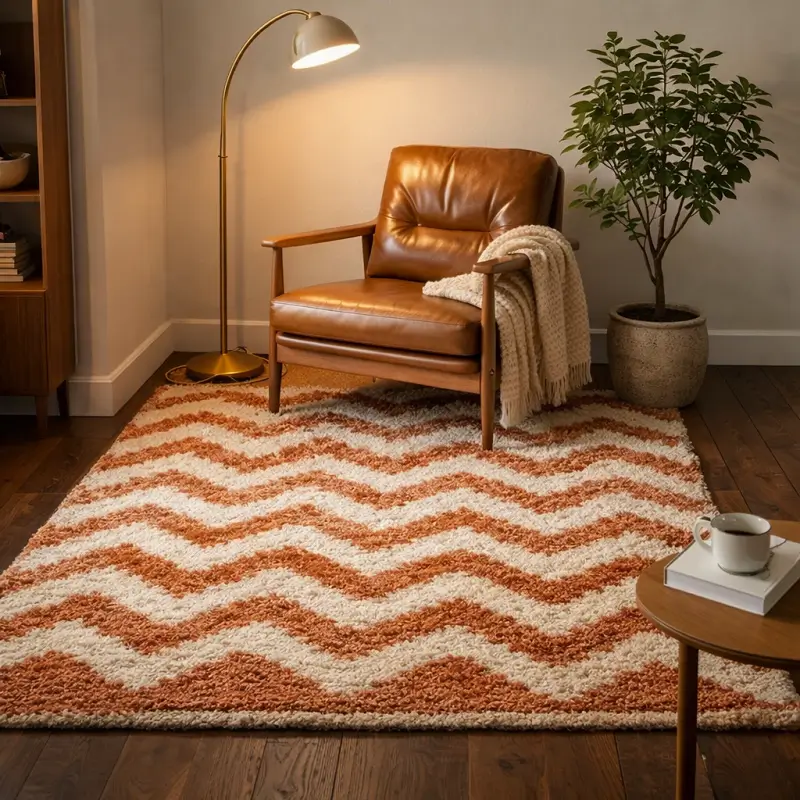 Burnt Orange & Ivory Textured Modern Wool Rugs for Cozy Mid-Century Living Spaces