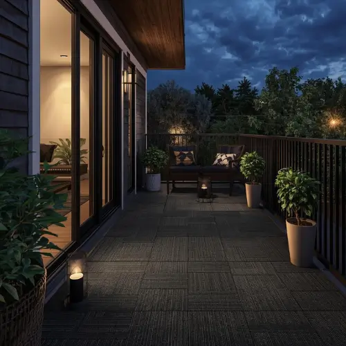 Charcoal grey outdoor interlocking carpet tiles installed on a modern balcony with cozy seating and warm evening lighting.