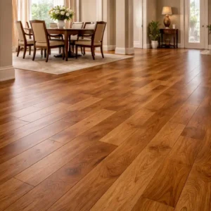 Click Lock Engineered Wood Flooring Golden Teak Dining Room Luxury Interior Natural Wood Grain Residential Space