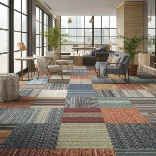 Colorful striped Floor Carpet Tiles in a modern living room interior.