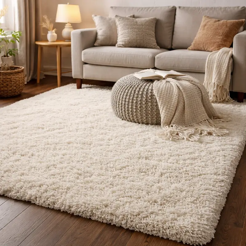 Cream Deep Pile Modern Shaggy Rugs for Cozy Living Room Interiors