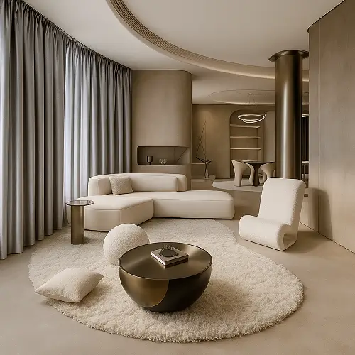 Cream and ivory round shag rug in living room