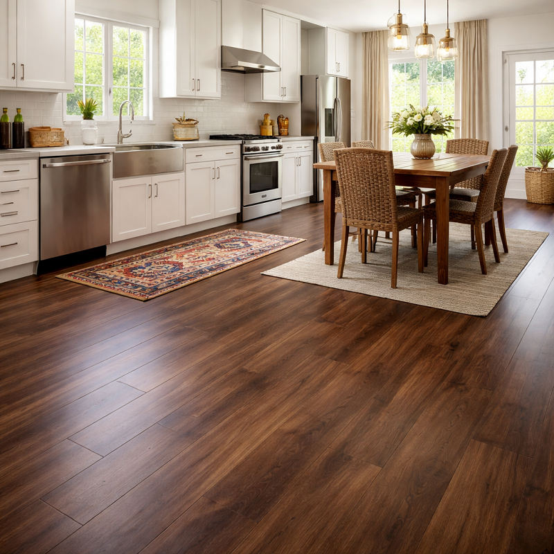 Dark Walnut Laminate Flooring Modern Kitchen Dining Area Natural Light Interior Design