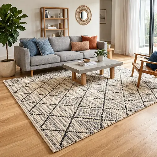 Diamond & Grid Pattern Rugs in neutral beige and grey geometric design for modern living room