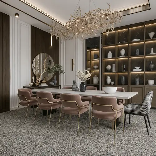 Elegant modern dining room with tweed wall-to-wall carpet