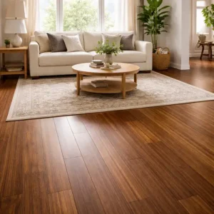Engineered Bamboo Flooring Dark Brown Living Room Natural Light Modern Interior Sustainable UAE