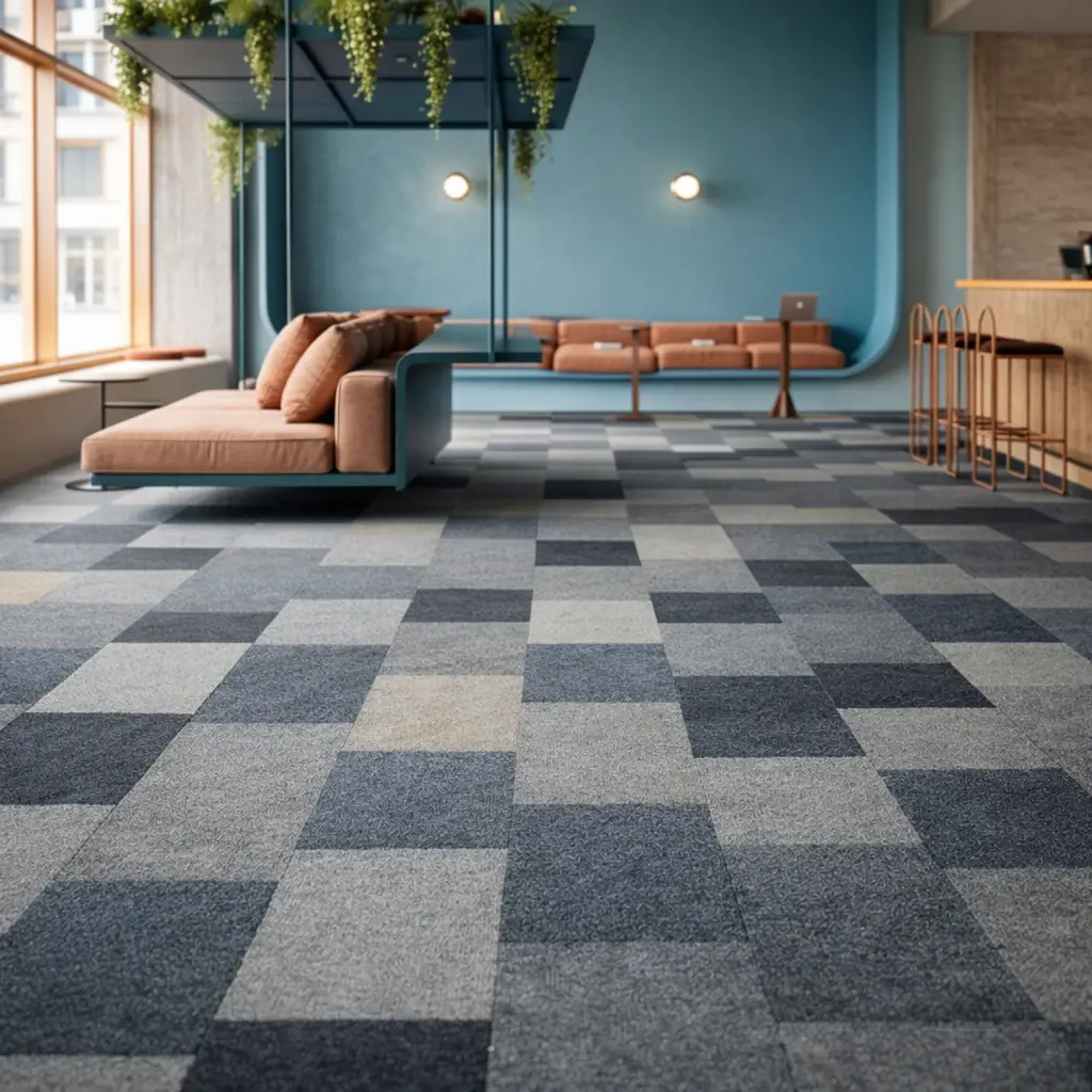 Grey square modular carpet tiles flooring with visible seams in modern office lounge