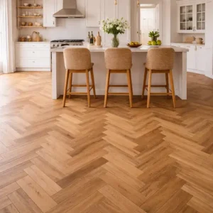 Herringbone Wood Flooring Light Oak Modern Kitchen Interior Natural Light UAE