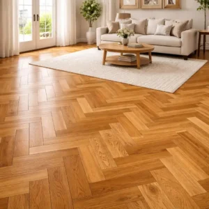 Honey Oak Solid Herringbone Wood Flooring in Warm Living Room