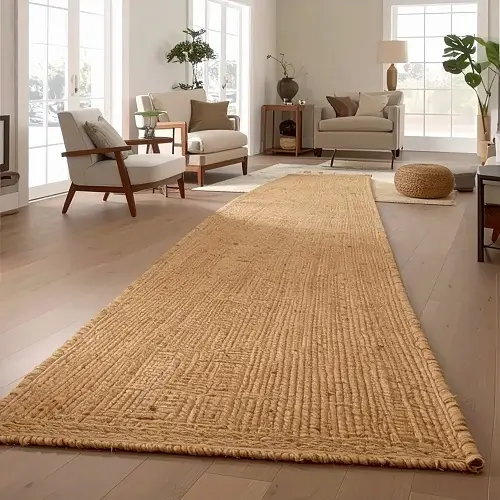 Modern living room with a long jute runner carpet placed on wooden flooring, surrounded by neutral furniture and indoor plants.