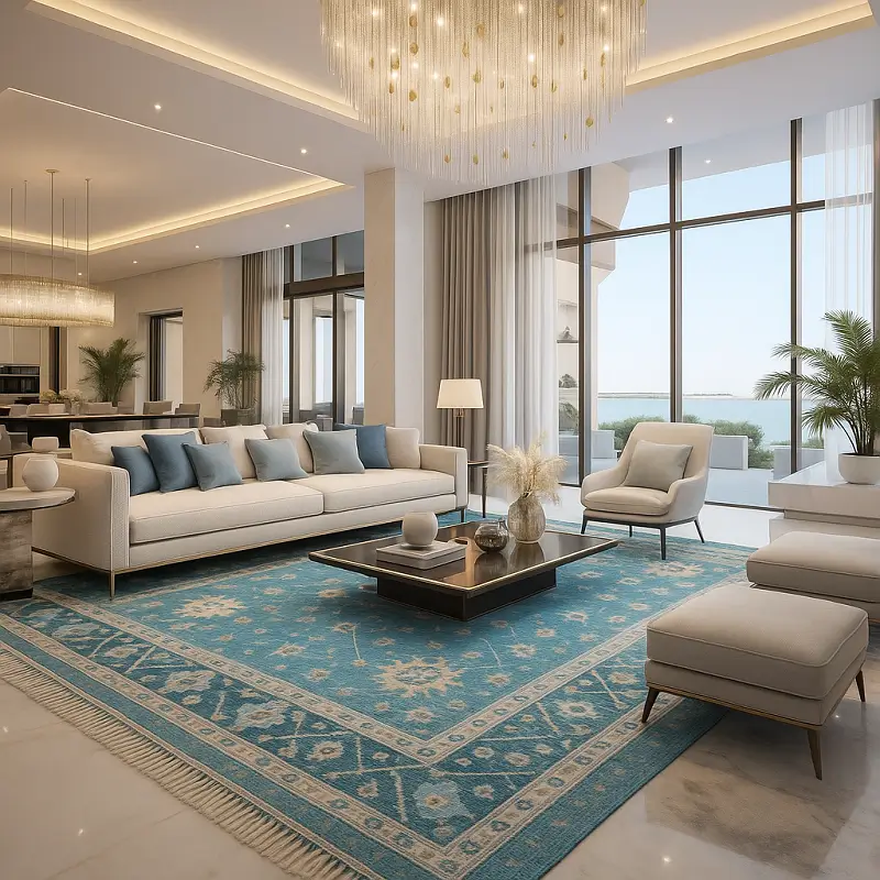 Luxury Blue Colour Area Rugs in Modern Living Room