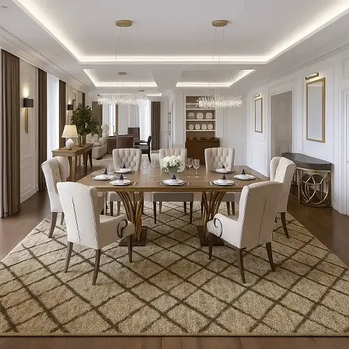 Luxury Shag carpet in modern dining room interior with elegant furniture