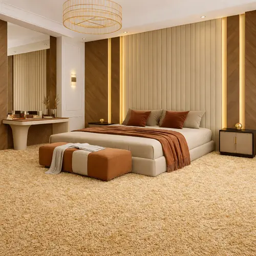 Luxury modern bedroom with golden wool wall-to-wall carpet