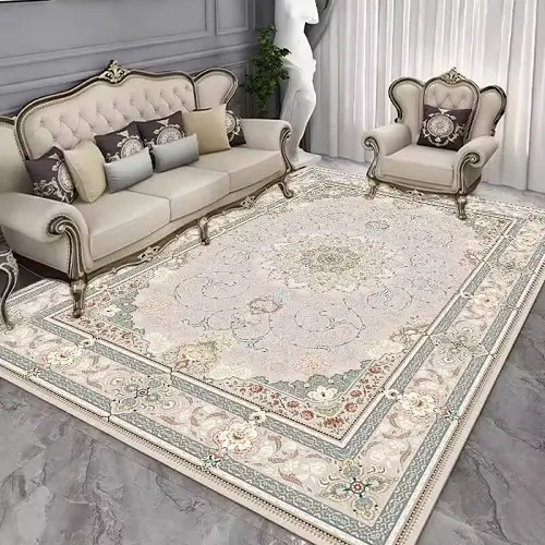 Luxury silk carpet with intricate floral pattern in elegant living room with classic sofa set