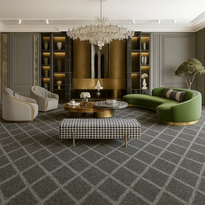 Luxury wall to wall carpet with geometric pattern in elegant living room with chandelier and modern furniture
