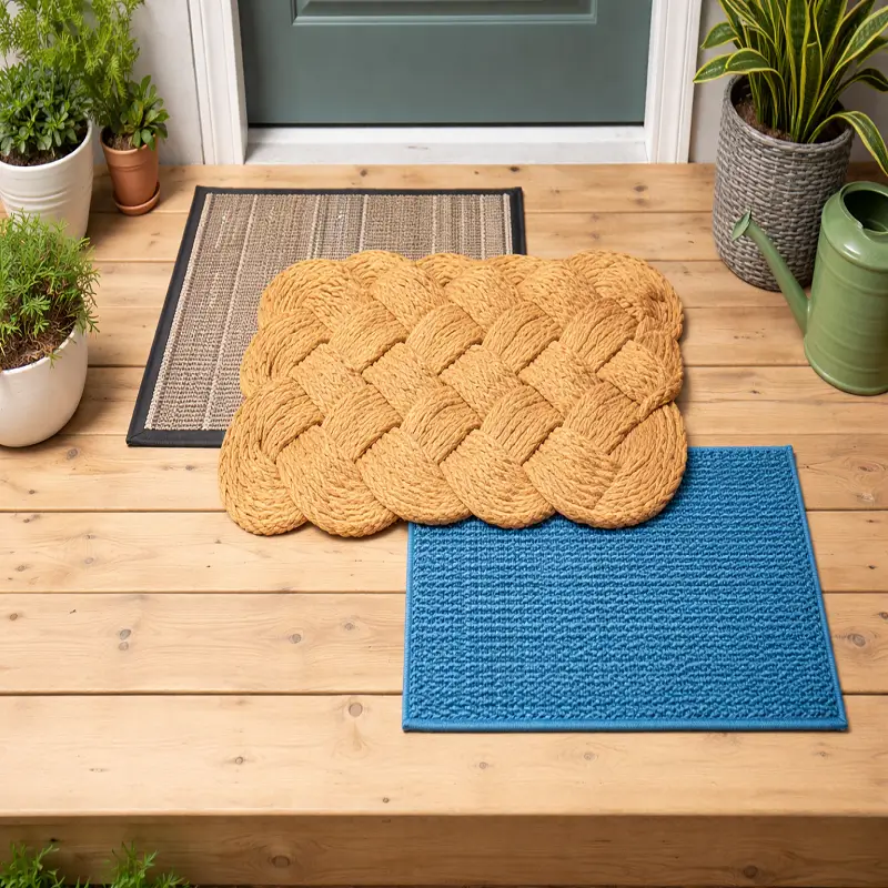 Three different floor mats displayed on a wooden deck—one braided coir mat, one blue textured mat, and one beige woven mat—placed near potted plants and a door, styled in a clean outdoor setting.