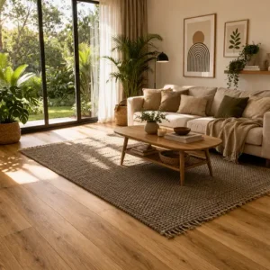 Matte Finish Laminate Flooring Natural Oak Living Room Sunlit Modern Interior