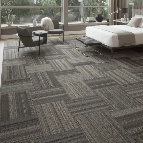 Modern bedroom with grey patterned modular carpet tiles flooring