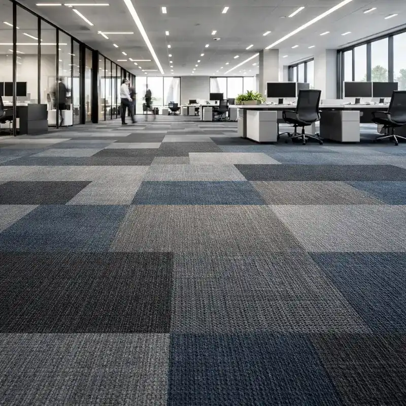 Modern corporate office interior with charcoal grey and slate blue office carpet tiles flooring, low-angle view highlighting modular carpet texture and geometric tile pattern