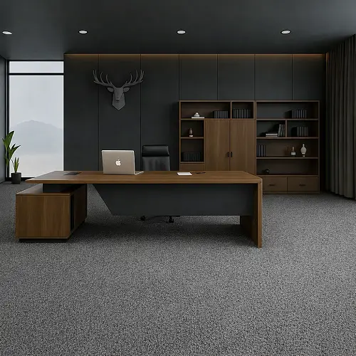 Modern executive office with gray loop pile wall-to-wall carpet