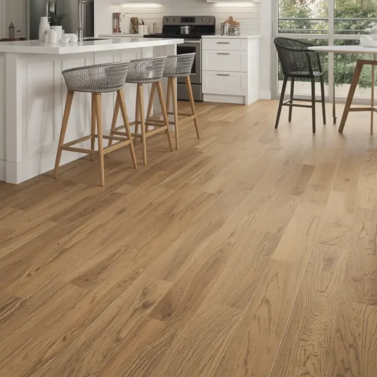 Modern kitchen with natural light and premium wood-look LVT flooring.