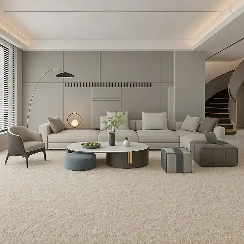 Modern living room interior with beige shag wall-to-wall carpet