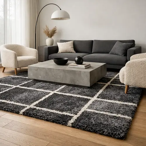 Monochrome minimalist rug with a charcoal and white grid pattern in a modern living room with a grey sofa and concrete coffee table.