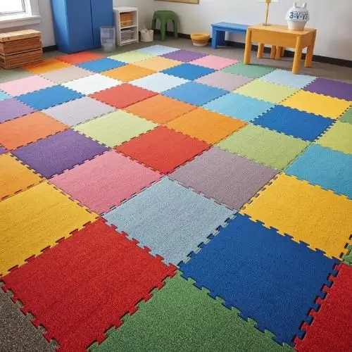 Multi-color Foam EVA Interlocking Carpet Tiles in red, blue, green, and yellow installed in a vibrant kids' playroom setting.