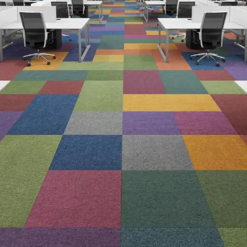 Multi-color striped Office Carpet Tiles in a modern workspace.