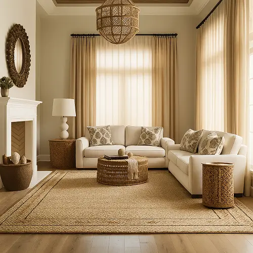 Natural beige jute rug in living room