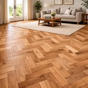Natural light walnut herringbone wood flooring in a modern living room