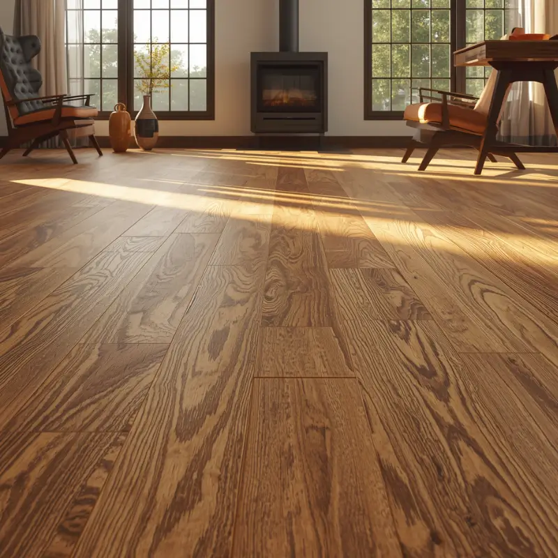 Natural oak engineered wood flooring in a sunlit modern living room with a fireplace and mid-century furniture.