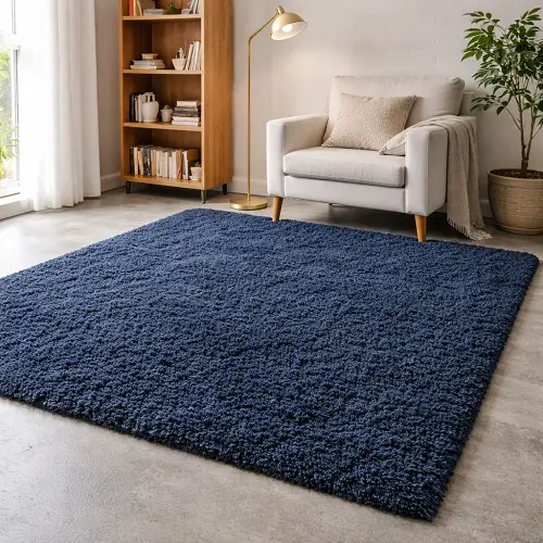 Navy Blue Textured Shaggy Rugs for Scandinavian Minimalist Living Room Interiors
