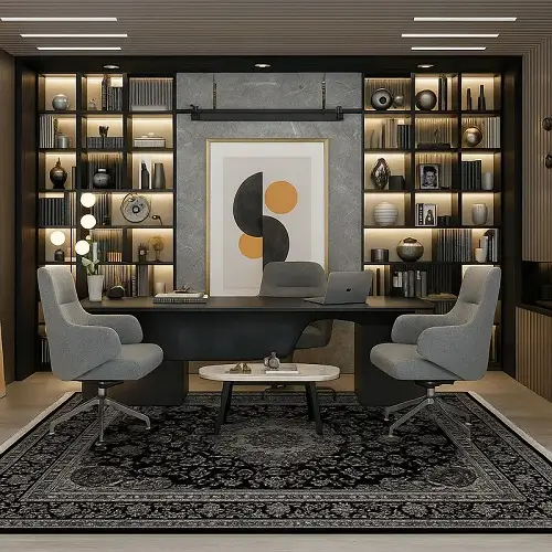 Oriental carpet with traditional pattern in modern luxury office interior with desk and chairs